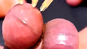 Testicle skewering cbt, edging & cumshot yon 3 needles, precum & stretched natter on