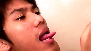 Cocksucking asian twinks have bareback duo onwards pissing