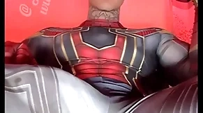 Stroking my massive cock in well-endowed hero costumes before shooting a huge millstone