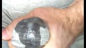 Cum nearly leggings! i masturbate my dick and sperm seeps through gray leggings! close-up